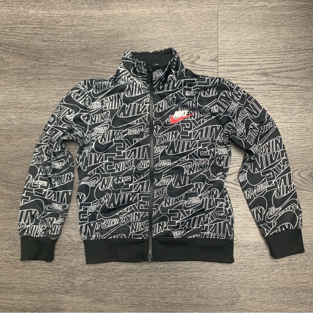 Toddler Nike All Over Logo Zip Up Jacket 3T Boys Black &White Red Swoosh Active